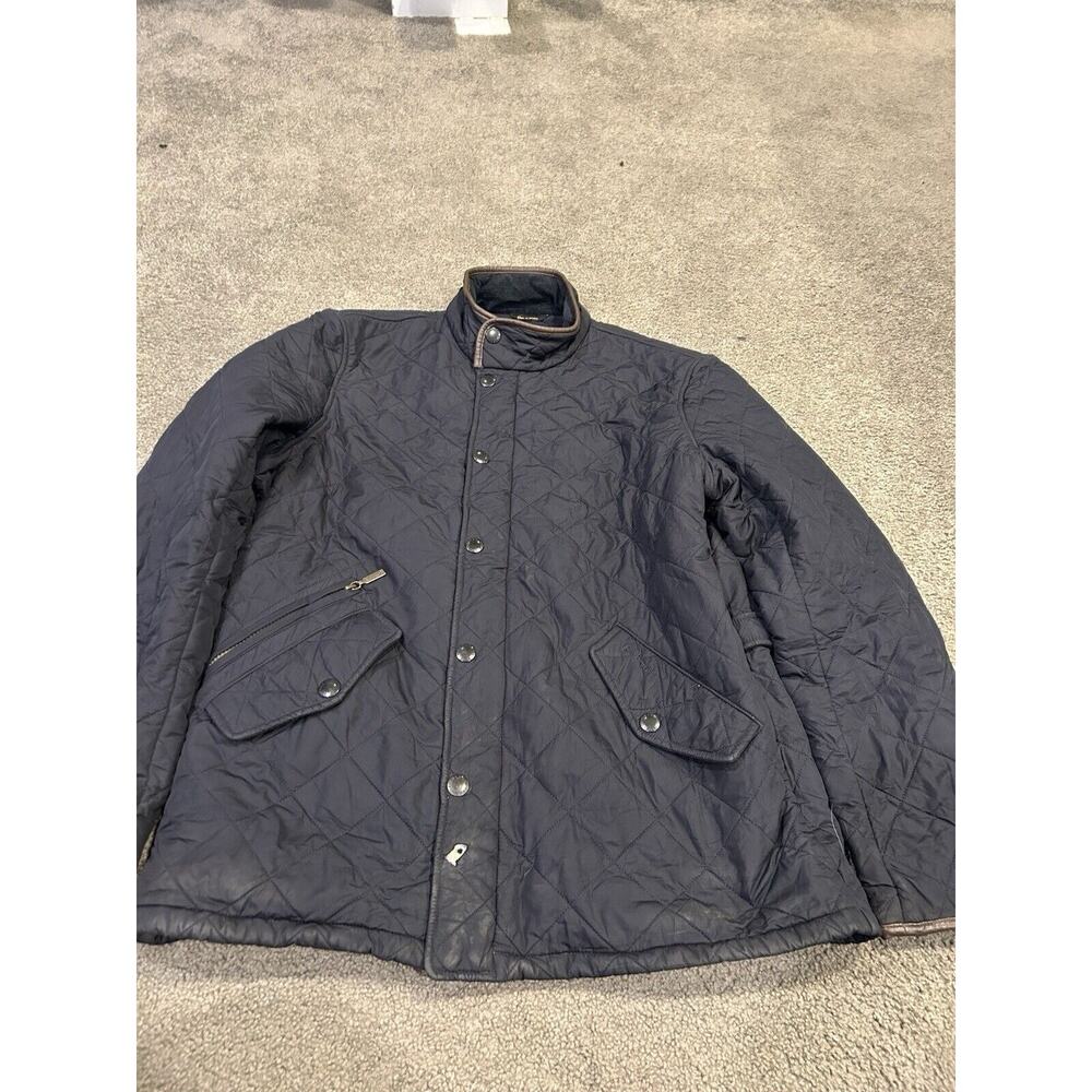 Barbour Powell Quilted‎ Black/ Brown Leather Trim Full Zip Jacket Size Large